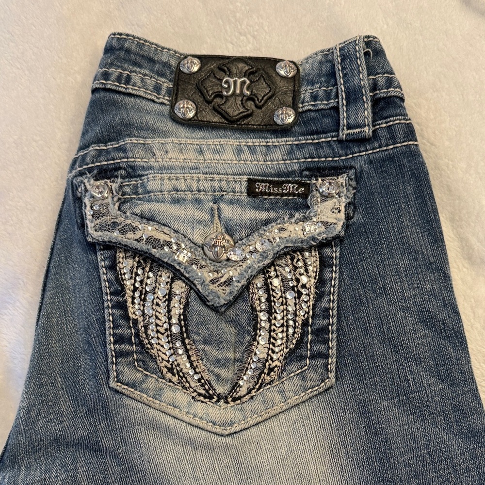 Miss Me Blue Bootcut Jeans with Embellished and angel winged Back Pockets